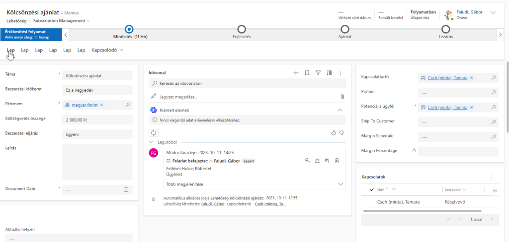 Idővonal Dynamics 365 Sales