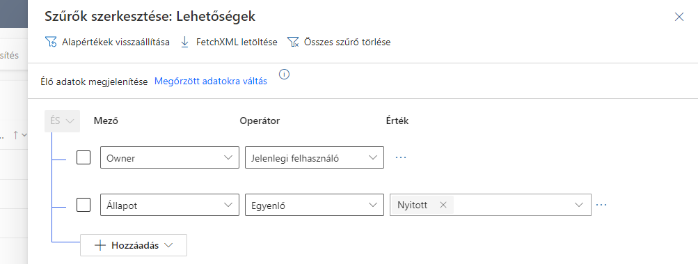 advanced find2024-09-09 13_36_32-Lehetőségek Saját nyitott lehetőségek - Dynamics 365